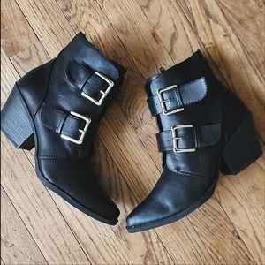 New! Black Silver Buckle Motorcycle Ankle Boots 2.75" Chunky Heel
